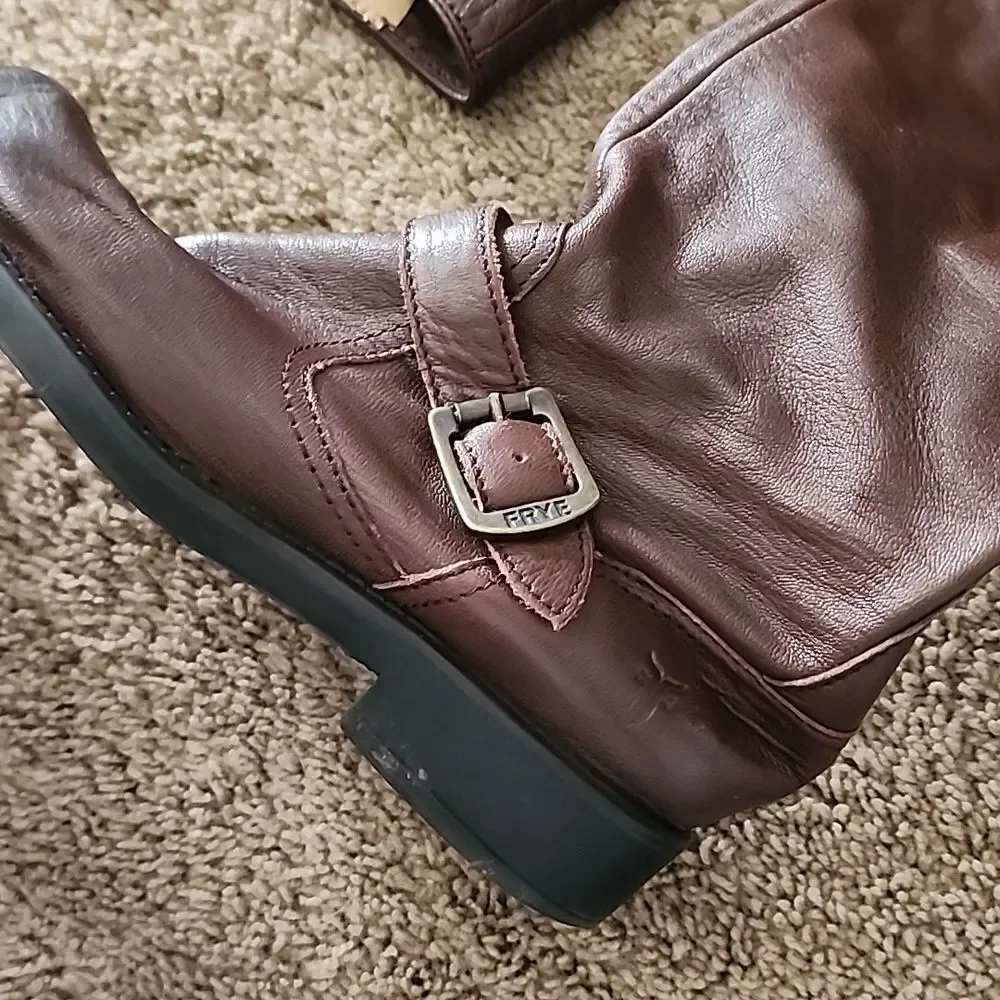 Frye boys 3 pull on leather buckle boots shoes mid calf closed toe heeled brown